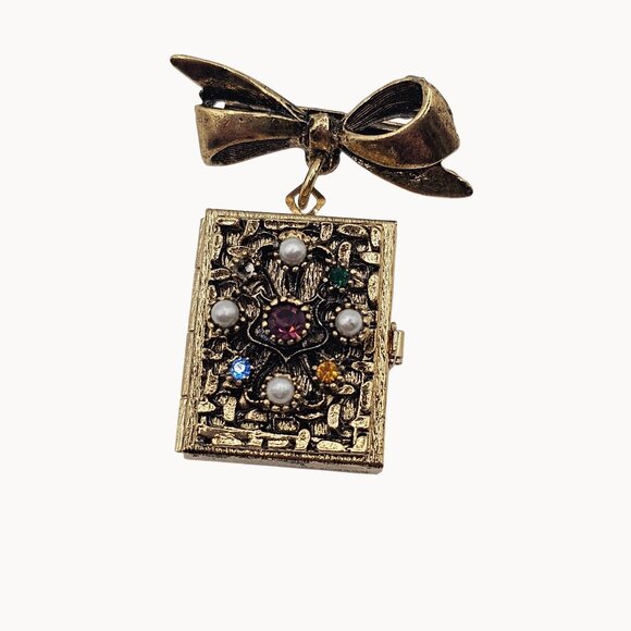 Vtg Brooch Pin Holds 4 photos Locket Book Gold Tone Rhinestones Ribbon Bow Pearl - Picture 1 of 13